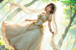 A woman in a wedding dress walking through a forest.