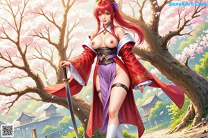 A woman in traditional attire with a sword, standing amidst cherry blossoms and clouds.