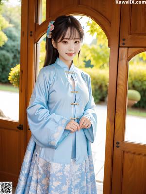 A woman in a blue and orange dress posing for a picture.