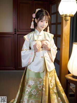 A woman in a blue kimono sitting on a bed.