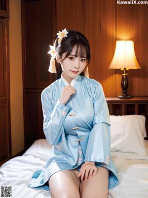 A woman in a blue kimono sitting on a bed.