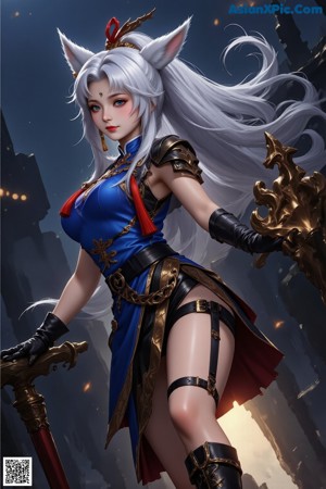 A woman in a blue and white outfit holding a sword.