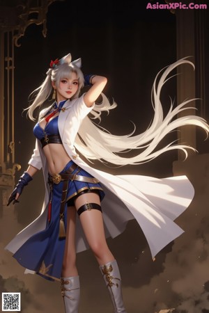 A woman in a blue dress holding a sword.
