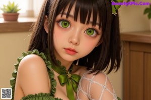 A woman in a green dress sitting on a couch.