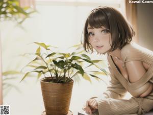 A woman in a white shirt is looking out a window.