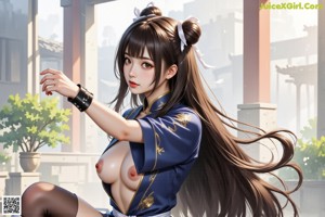 A woman in traditional attire with flowing hair and a sword.