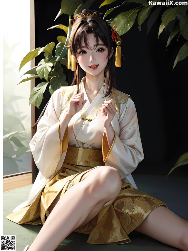 A woman in a kimono sitting on the floor.