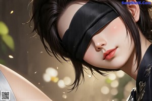 A woman with long hair wearing a black mask and a black scarf with gold accents.