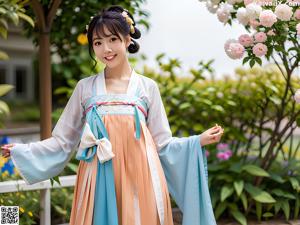 a woman in a chinese dress standing in front of a window