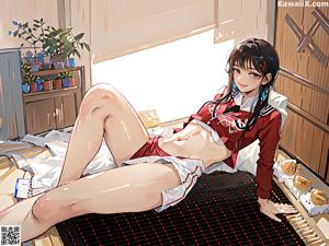 A girl with long blue hair sitting on a bed.