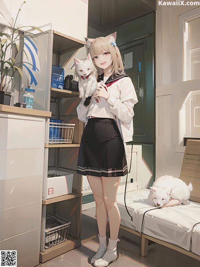 A girl in a school uniform holding a white cat.