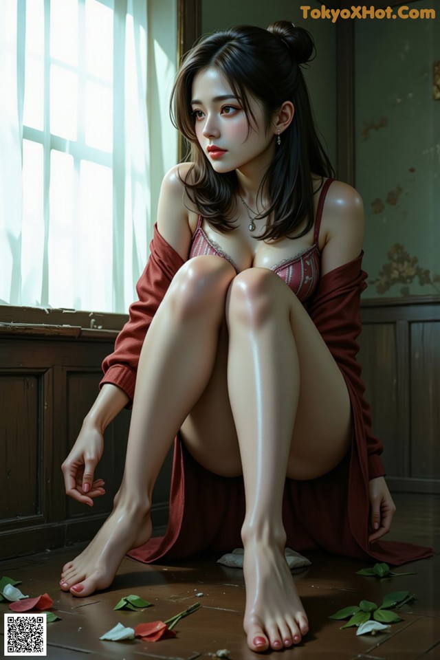 A woman sitting on the floor in a red dress.