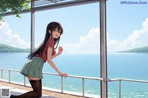 A woman sitting on top of a bed next to a window.