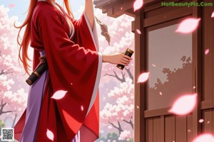 A woman in traditional attire stands on a red mat, holding a sword, with cherry blossoms and greenery in the background.