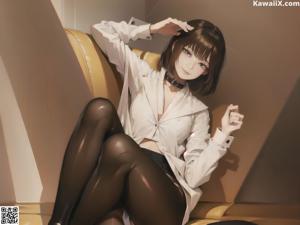 A woman sitting on top of a brown couch.