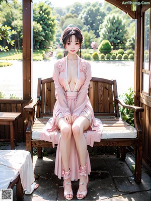 A woman in a blue kimono standing in front of a window.