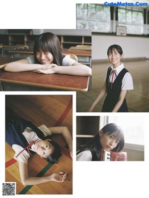 A collage of photos of a woman sitting on a bench.