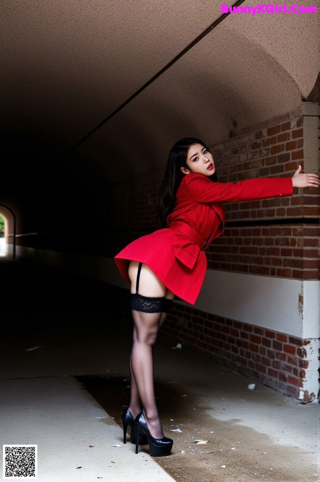 A woman in a red coat leaning against a brick wall.