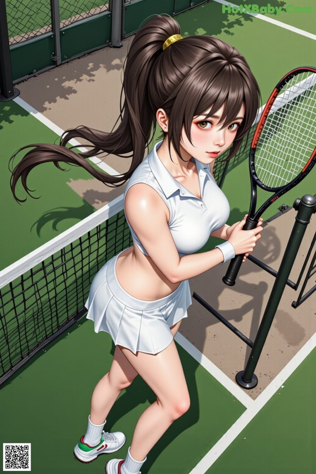 A woman holding a tennis racket on a tennis court.