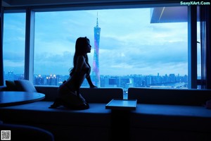 A woman in a white lingerie sitting on a bed.