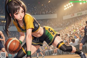 A woman in a basketball uniform standing on a basketball court.