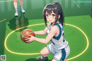 A girl in a basketball uniform holding a basketball.