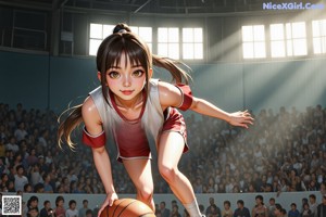 A woman holding a basketball on top of a basketball court.