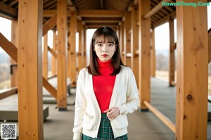 a woman in a white hoodie and green skirt standing on a slide