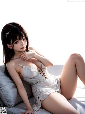 A naked asian woman with long black hair and a gold headpiece.