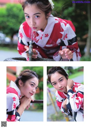 A woman in a red and black kimono leaning against a window.