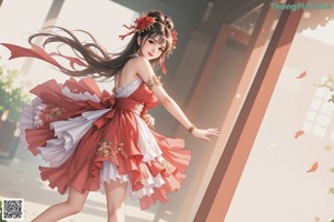 A woman in a red and white dress is standing on a ledge.