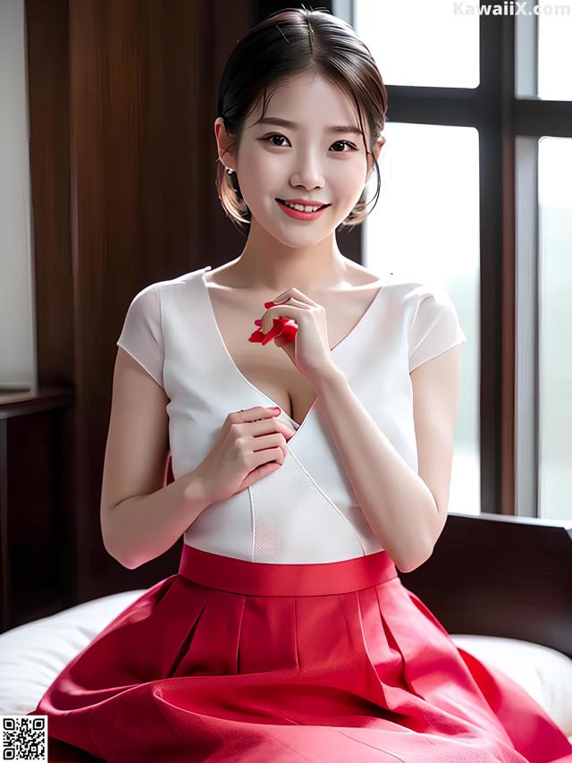 A woman in a red and white dress sitting on a bed.