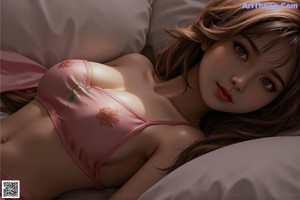 A woman in a pink lingerie sitting on a bed.