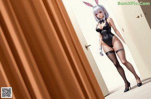 A woman in a bunny costume posing in a kitchen.