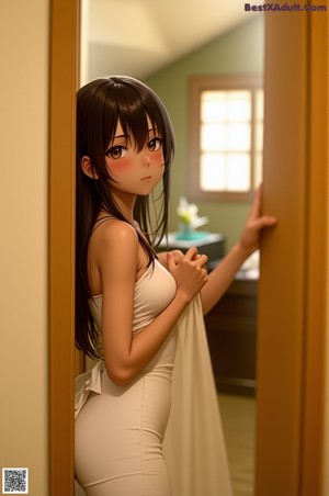 Anime girl in a white skirt posing in front of a window.