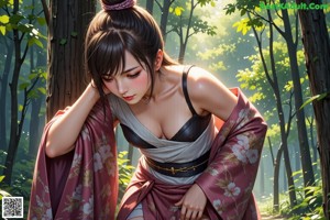 A woman in a kimono standing in the woods.