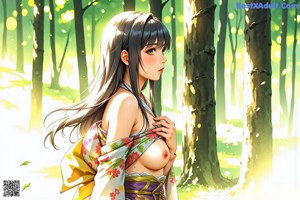 A woman in a kimono is posing naked in the woods.