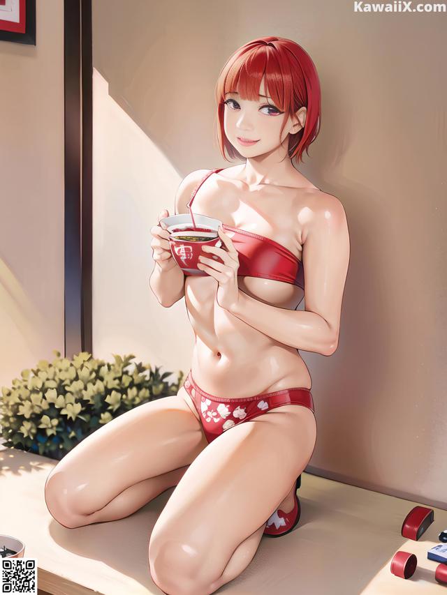 A woman in a red bikini holding a cup of tea.