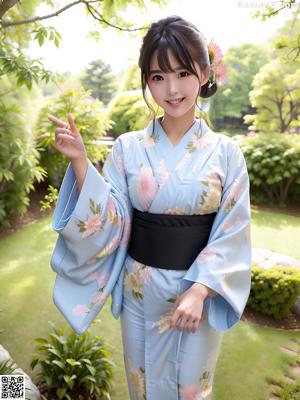 A woman in a blue and pink kimono holding a flower.