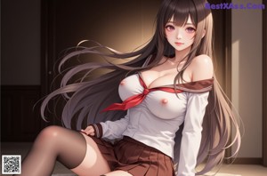 A woman in a school uniform sitting on a chair.