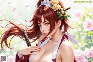 A woman in traditional attire stands with a sword, surrounded by cherry blossoms and greenery.