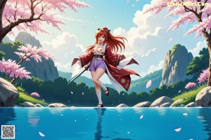 A woman in a red and white outfit holds a sword, standing amidst cherry blossoms near a waterfall.