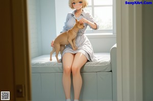 A woman in a white shirt and black high heels is sitting on a bed.