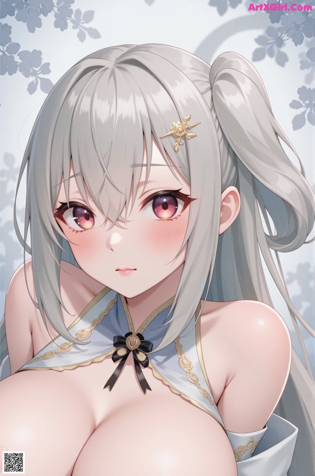 Anime girl with long gray hair and big tits posing for the camera.