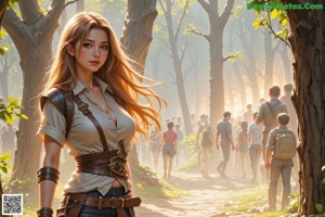 A woman in a leather outfit standing in the woods.