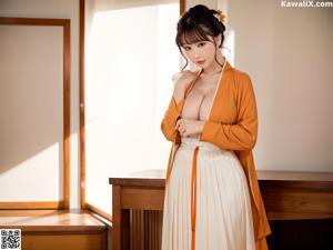 A woman in a yellow and white kimono sitting on a table.